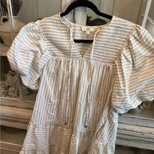 entro Neutral Striped Smocked Cotton Dress in Cream & Beige
